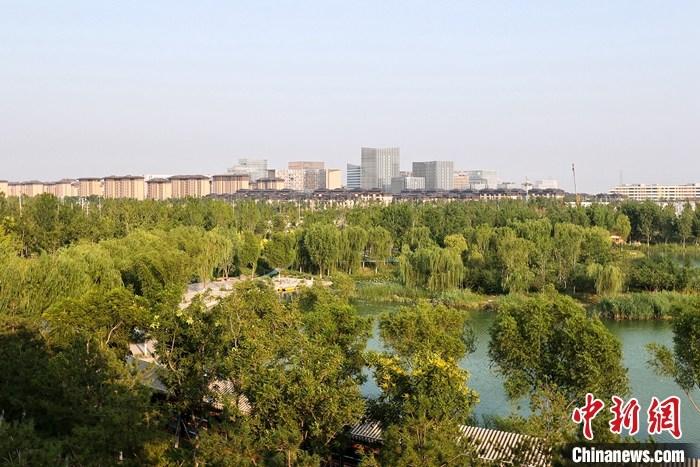從完成頂層設(shè)計到如火如荼大規(guī)模建設(shè)，六年來，雄安新區(qū)如春天的竹子一般拔節(jié)生長，這座承載千年大計的“未來之城”已雄姿初顯。從“一張白紙”開始著墨，如今的雄安新區(qū)已是濃墨重彩的“山水畫”。<a target='_blank' href='/'>中新社</a>記者近日走訪了雄安新區(qū)多地，從“藍綠金”三色感受這座“未來之城”的巨大變化。圖為7月18日拍攝的河北雄安新區(qū)金湖公園。 <a target='_blank' href='/'>中新社</a>記者 易海菲 攝